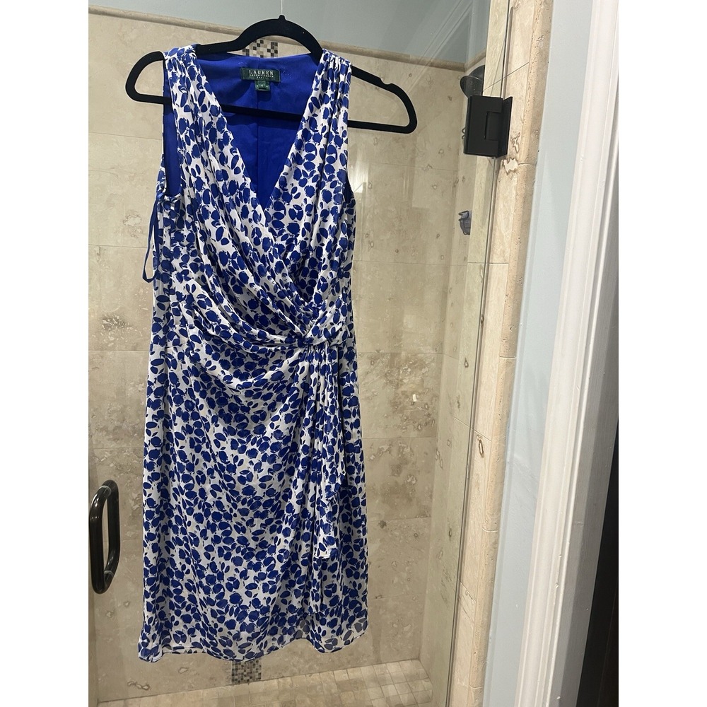 Lauren Ralph Lauren Blue White Floral Chiffon Mock Wrap Dress Sleeveless 4